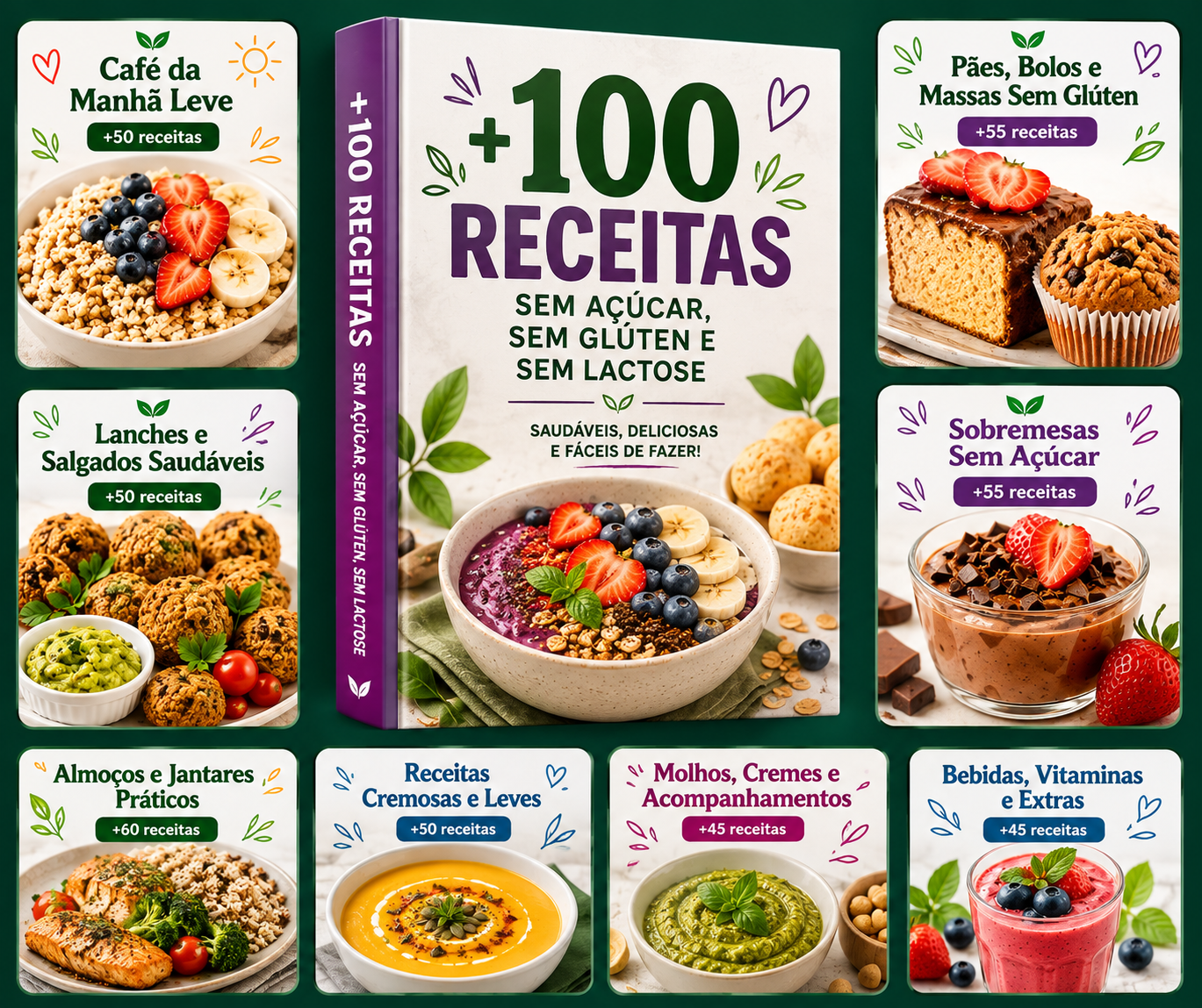 Mosaico com prévia das +100 receitas sem açúcar, sem glúten e sem lactose